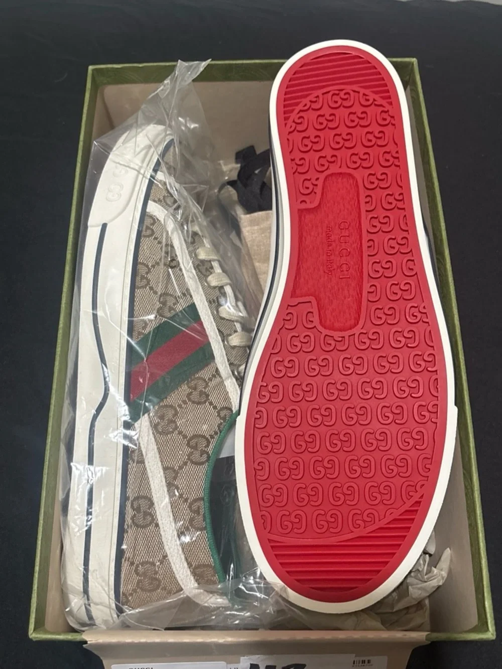 Gucci GG Canvas Low-Top Sneaker in Beige with Red & Green Stripe